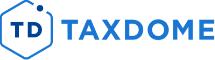 TaxDome logo featuring a blue hexagon outline with the initials TD inside, followed by the word TAXDOME in bold blue capital letters on a black background.